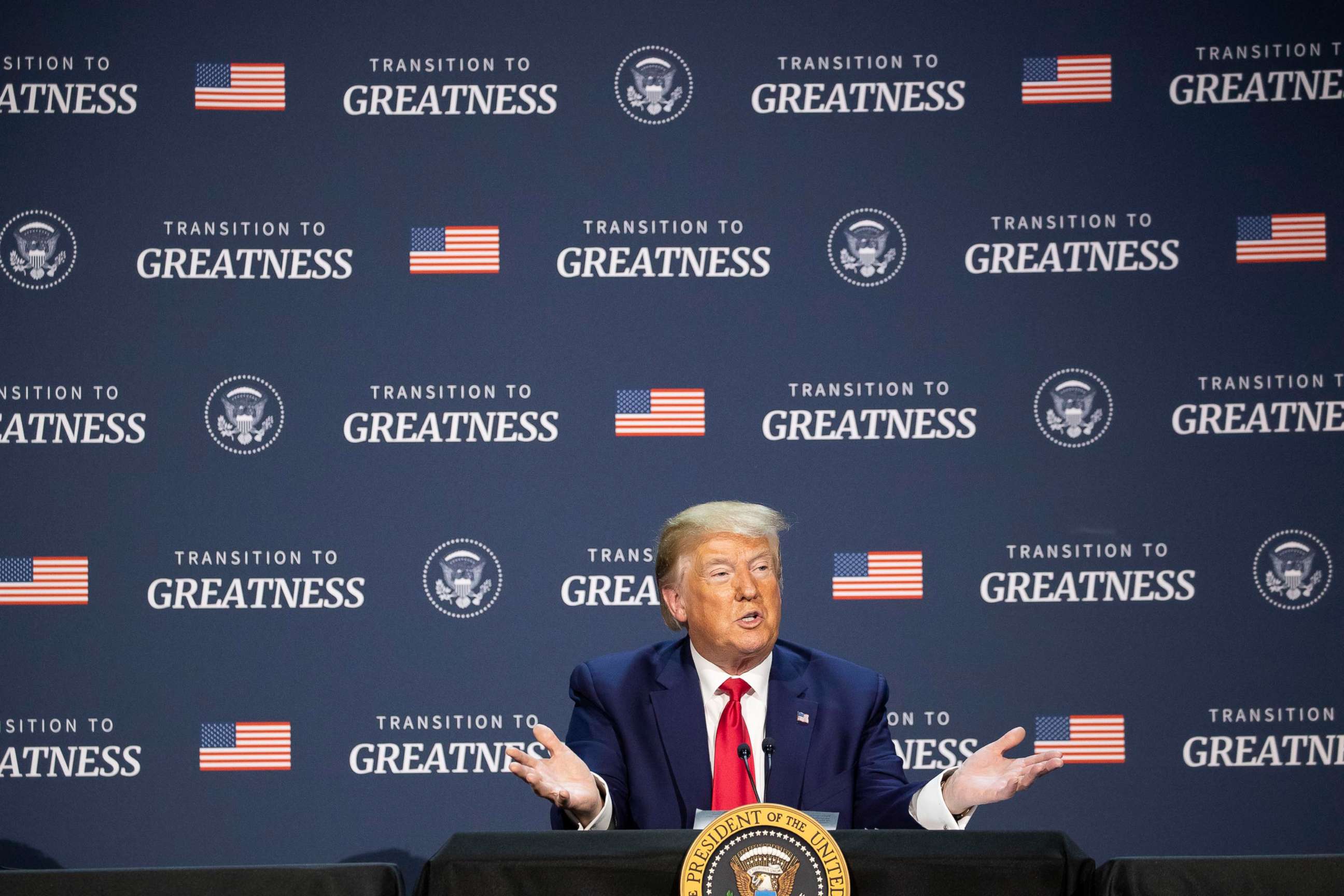 PHOTO: President Donald Trump speaks during a roundtable discussion about "Transition to Greatness: Restoring, Rebuilding, and Renewing," at Gateway Church Dallas campus, June 11, 2020, in Dallas.