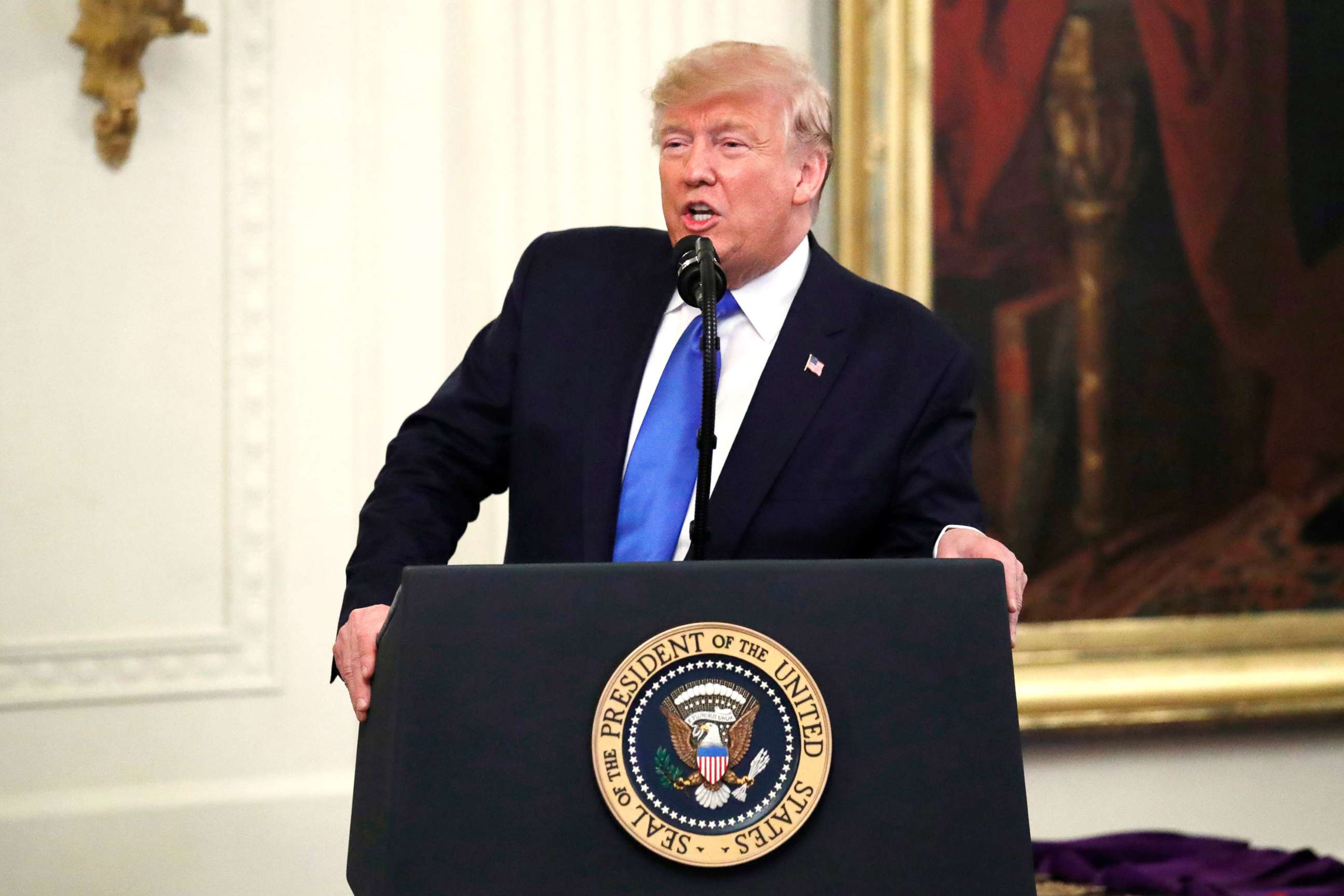 PHOTO: President Donald Trump speaks during a National Medal of Arts and National Humanities Medal ceremony in the East Room of the White House, Nov. 21, 2019, in Washington.
