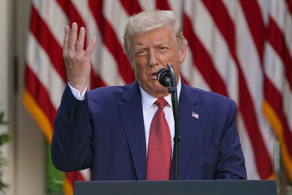 PHOTO: President Donald Trump speaks during a news conference in the Rose Garden of the White House in Washington, July 14, 2020.