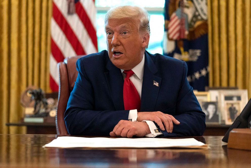 PHOTO: President Donald Trump speaks in the Oval Office at the White House, Sept. 17, 2020, in Washington.