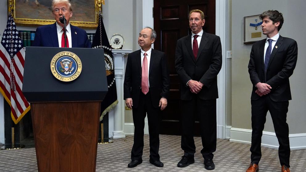 PHOTO: President Donald Trump, from left, speaks as Masayoshi Son, SoftBank Group CEO, Larry Ellison, chairman of Oracle Corporation and chief technology officer, and Sam Altman, OpenAI CEO listen at the White House, on Jan. 21, 2025, in Washington, D.C.