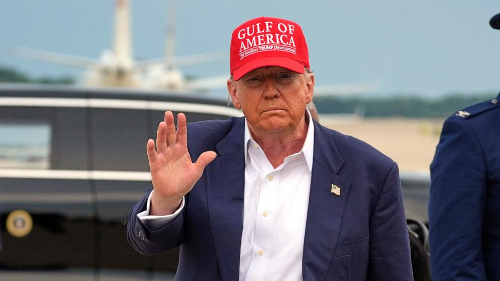 PHOTO: President Donald Trump waves as he arrives at Joint Base Andrews, Md., after visiting a migrant detention center in Ochopee, Fla., July 1, 2025.