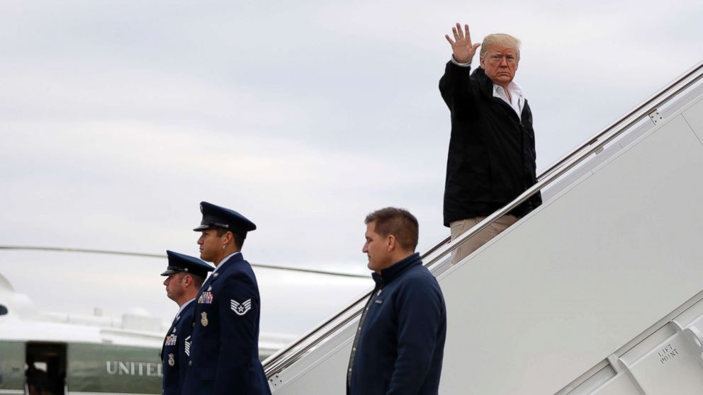 PHOTO: President Donald Trump waves as he boards Air Force One for a trip to visit areas impacted by the California wildfires, Nov. 17, 2018, at Andrews Air Force Base, Md.