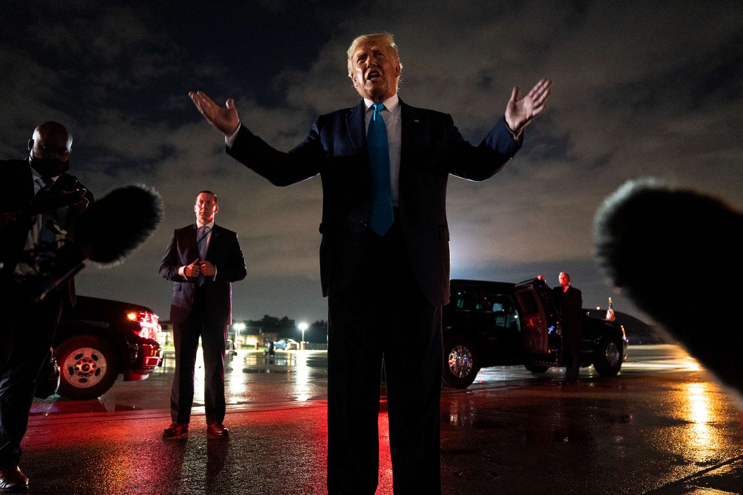 PHOTO:President Donald Trump talks with reporters at Andrews Air Force Base after attending a campaign rally in Latrobe, Pa., Sept. 3, 2020, at Andrews Air Force Base, Md.