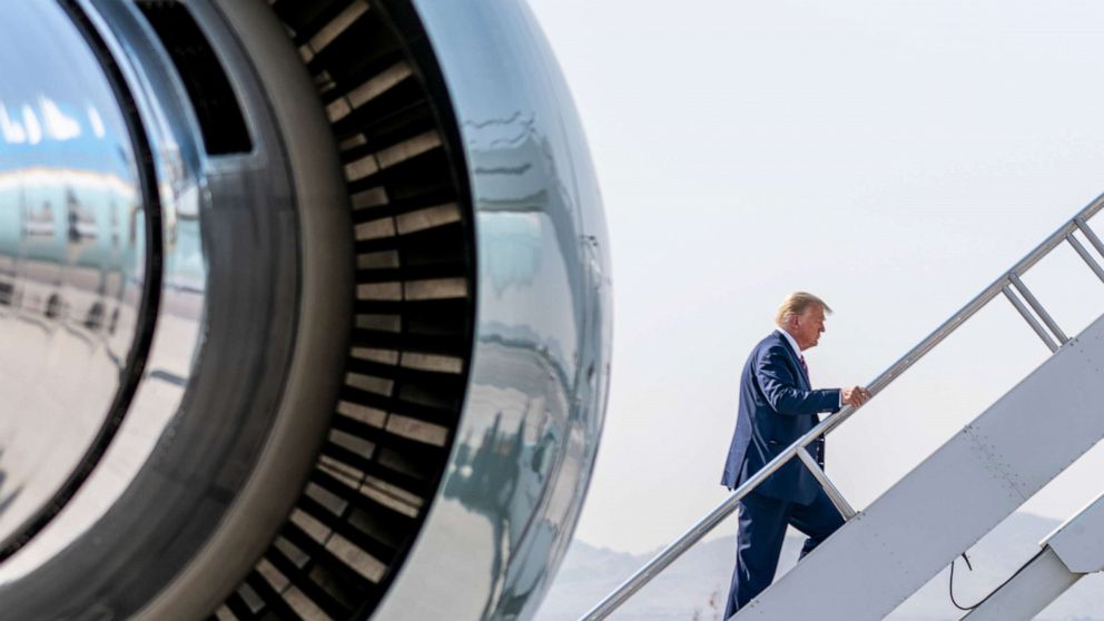 PHOTO: President Donald Trump boards Air Force One at McCarran International Airport in Las Vegas, Sept. 14, 2020, to travel to Sacramento McClellan Airport, in McClellan Park, Calif., for a briefing on wildfires.