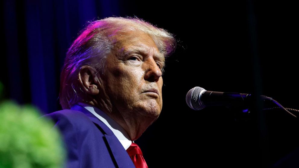 PHOTO: Former President Donald Trump speaks at a fundraiser event for the Alabama GOP, Aug. 4, 2023, in Montgomery, Ala.