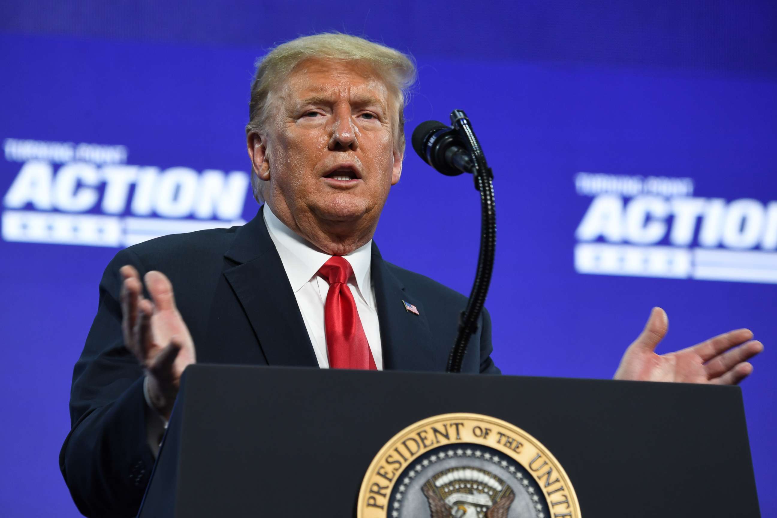 PHOTO: Donald Trump speaks during a Students for Trump event at the Dream City Church in Phoenix, Arizona, June 23, 2020.