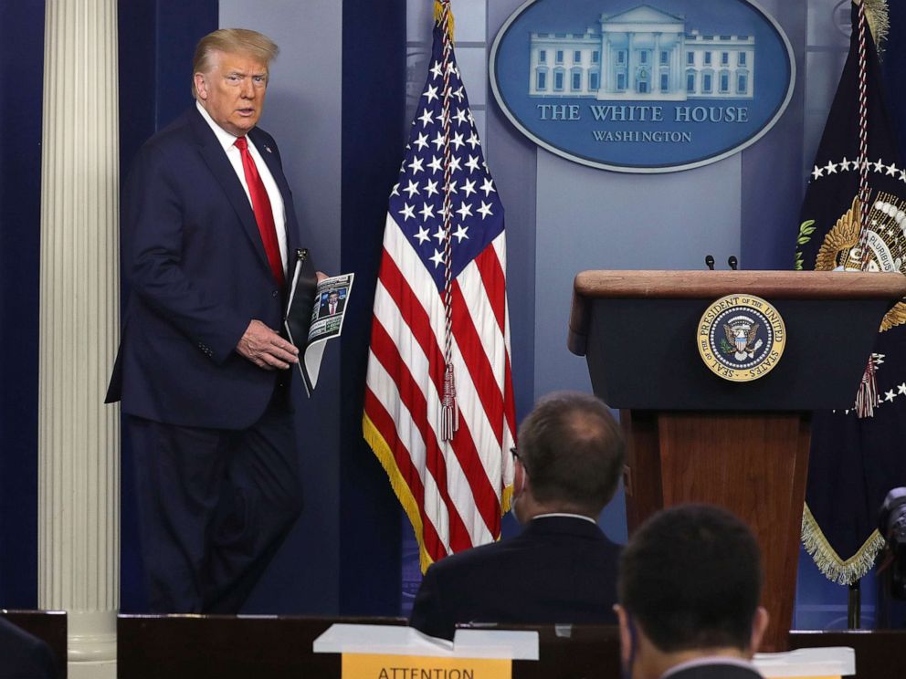 PHOTO: President Donald Trump arrives to speak to the media in the briefing room at the White House, July 2, 2020. President Trump spoke about the economy and recent jobs numbers.