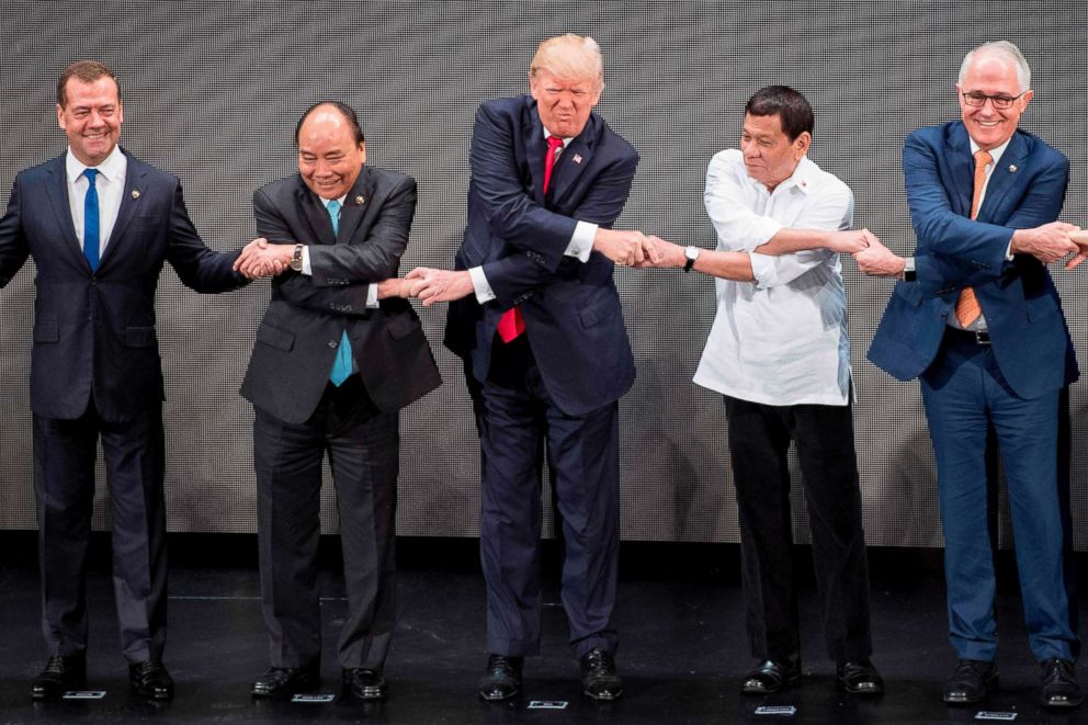 PHOTO: Russian Prime Minister Dmitry Medvedev, Vietnam's Prime Minister Nguyen Xuan Phuc, President Donald Trump, Philippine President Rodrigo Duterte and Australia Prime Minister Malcolm Turnbull at the ASEAN Summit, Nov. 13, 2017, in Manila.