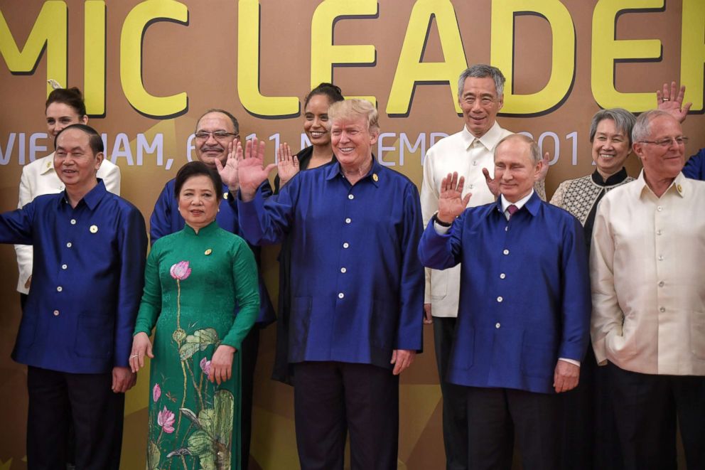 PHOTO: President Donald Trump (C), and Russian President Vladimir Putin (2-R) pose for a group photograph with fellow APEC leadersat the 25th Asia-Pacific Economic Cooperation summit (APEC) at the Sheraton Hotel in Da Nang, Vietnam, Nov. 10, 2017. 