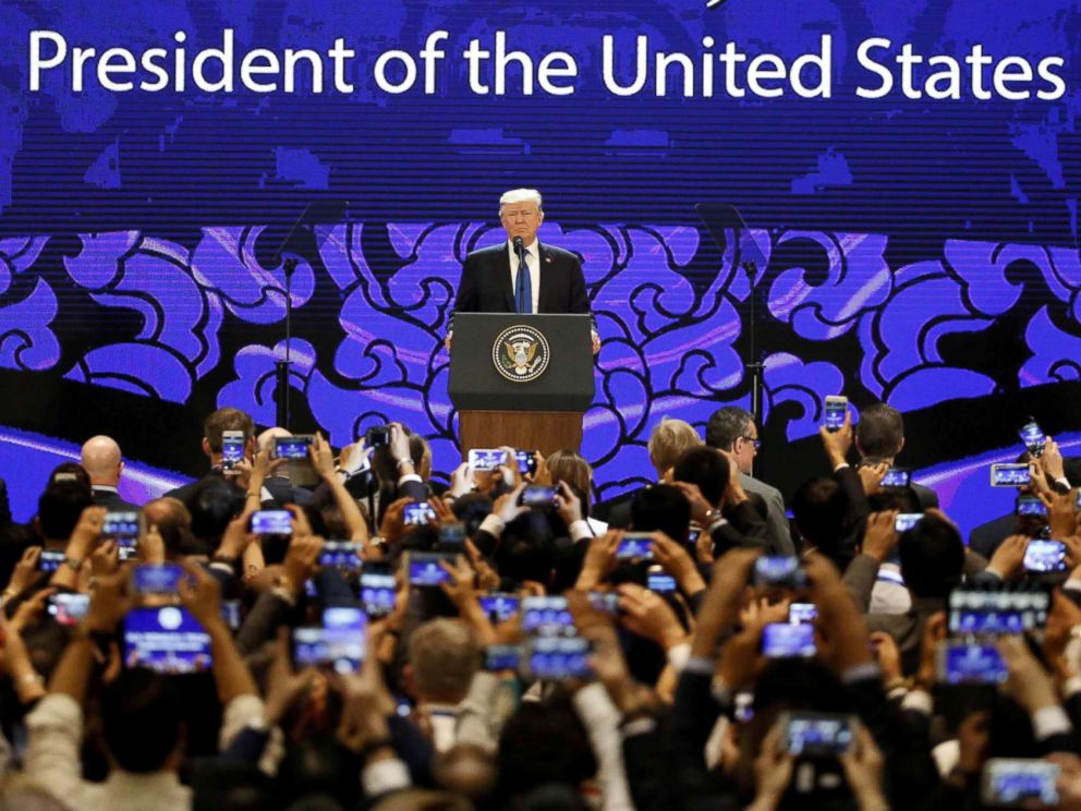 PHOTO: President Donald Trump speaks on the final day of the APEC CEO Summit ahead of the Asia-Pacific Economic Cooperation (APEC) leaders summit in Danang, Vietnam, Nov. 10, 2017.