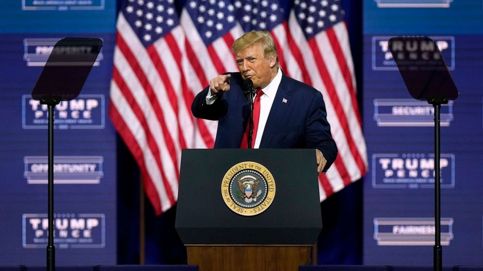 PHOTO: President Donald Trump speaks during a campaign rally, Friday, Sept. 25, 2020, in Atlanta.
