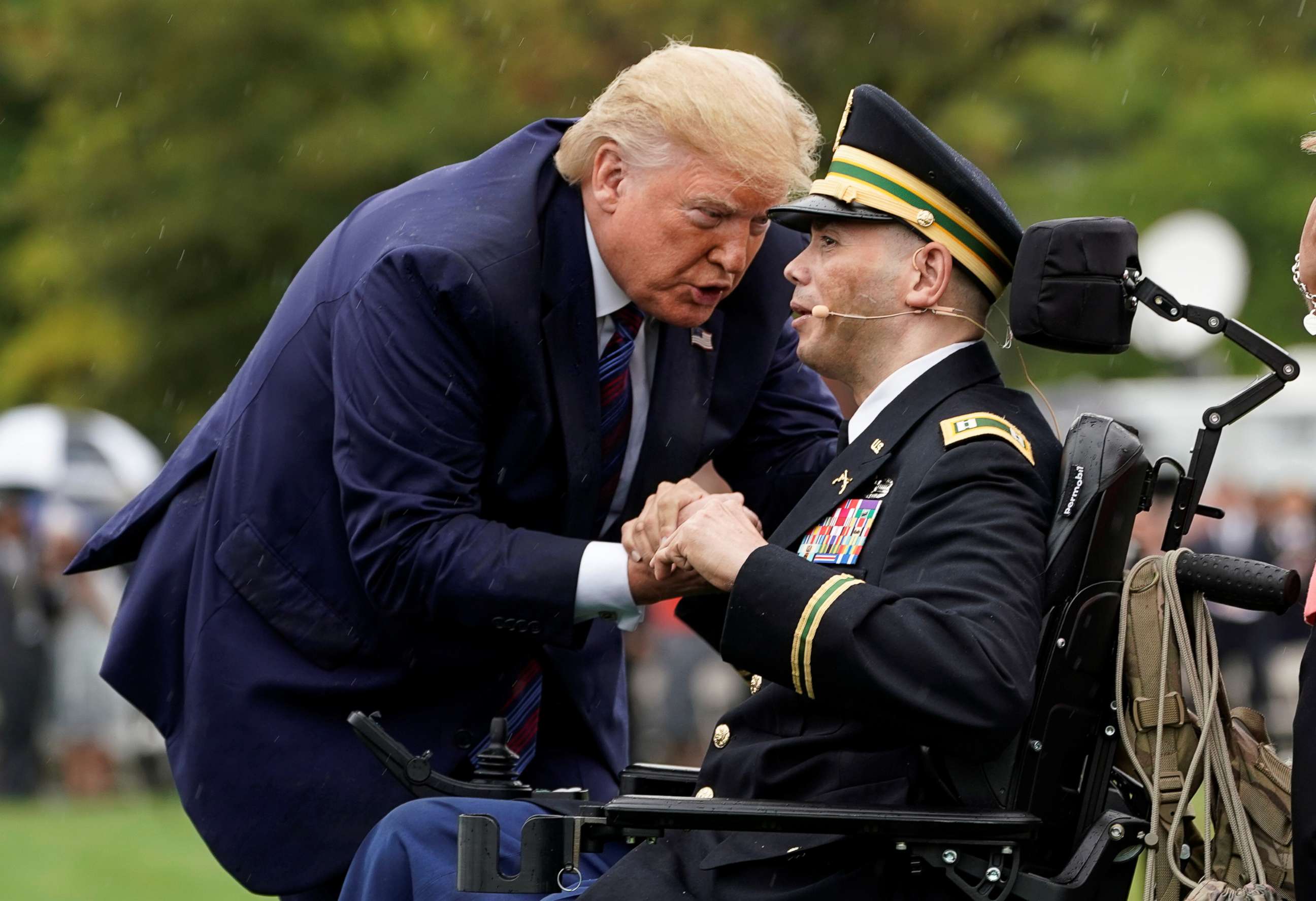 PHOTO: President Donald Trump greets Army Captain Luis Avila during a welcome ceremony in honor of new Joint Chiefs of Staff Chairman Army General Mark Milley at Joint Base Myer-Henderson Hall, Virginia, Sept. 30, 2019.