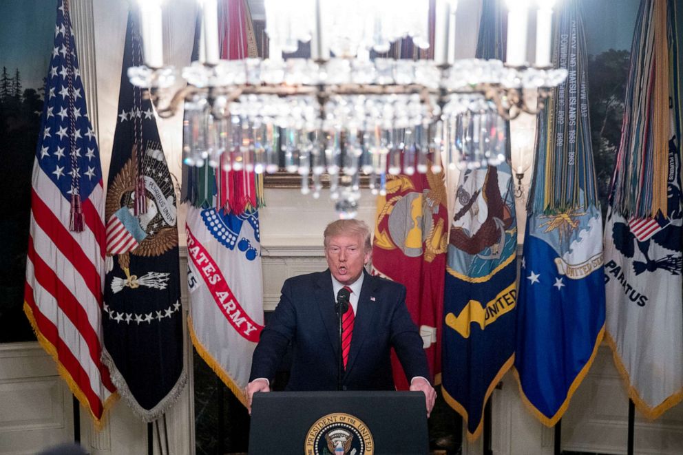 PHOTO: President Donald Trump speaks in the Diplomatic Room of the White House in Washington, Sunday, Oct. 27, 2019, to announce that Islamic State leader Abu Bakr al-Baghdadi has been killed during a US raid in Syria.