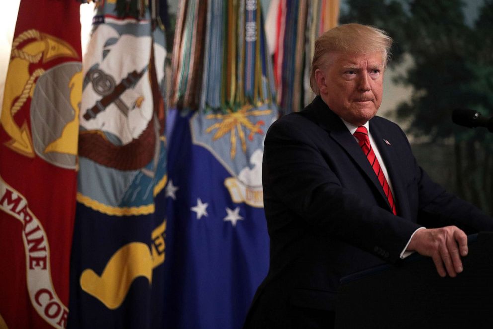 PHOTO: President Donald Trump makes a statement in the Diplomatic Reception Room of the White House in Washington, D.C., Oct. 27, 2019.