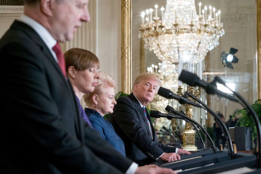 PHOTO: From left, Latvian President Raimonds Vejonis, accompanied by Estonian President Kersti Kaljulaid, Lithuanian President Dalia Grybauskaite and President Donald Trump, speaks at a news conference in the White House in Washington, April 3, 2018.