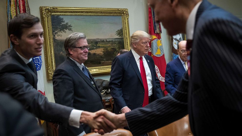 PHOTO: Senior Advisor Jared Kusher, White House Chief Strategist Steve Bannon and President Donald Trump arrive at the start of a meeting, in the Roosevelt Room at the White House in this file photo, Feb. 2, 2017, in Washington. 