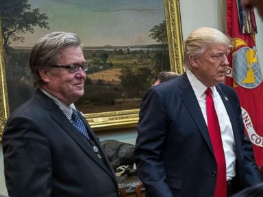 PHOTO: Senior Advisor Jared Kusher, White House Chief Strategist Steve Bannon and President Donald Trump arrive at the start of a meeting, in the Roosevelt Room at the White House in this file photo, Feb. 2, 2017, in Washington.
