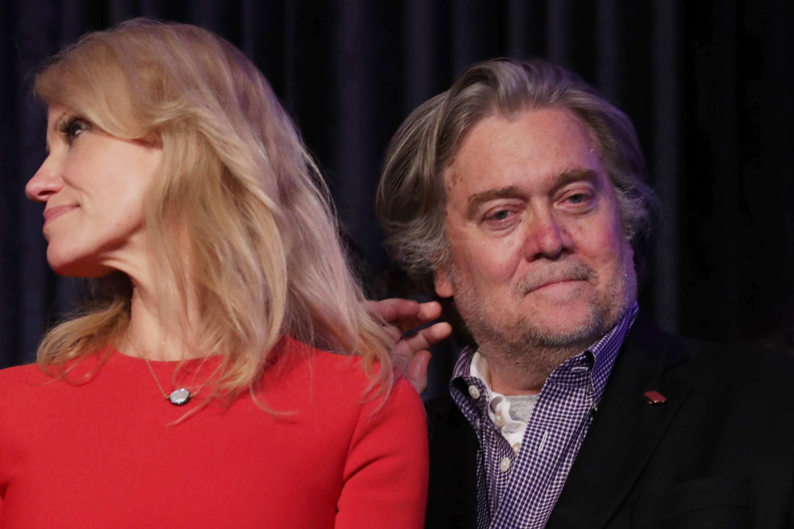 PHOTO: Republican president-elect Donald Trump's campaign manager, Kellyanne Conway, and Trump campaign CEO Stephen Bannon stand on stage during the election night event at the New York Hilton Midtown, Nov. 9, 2016.