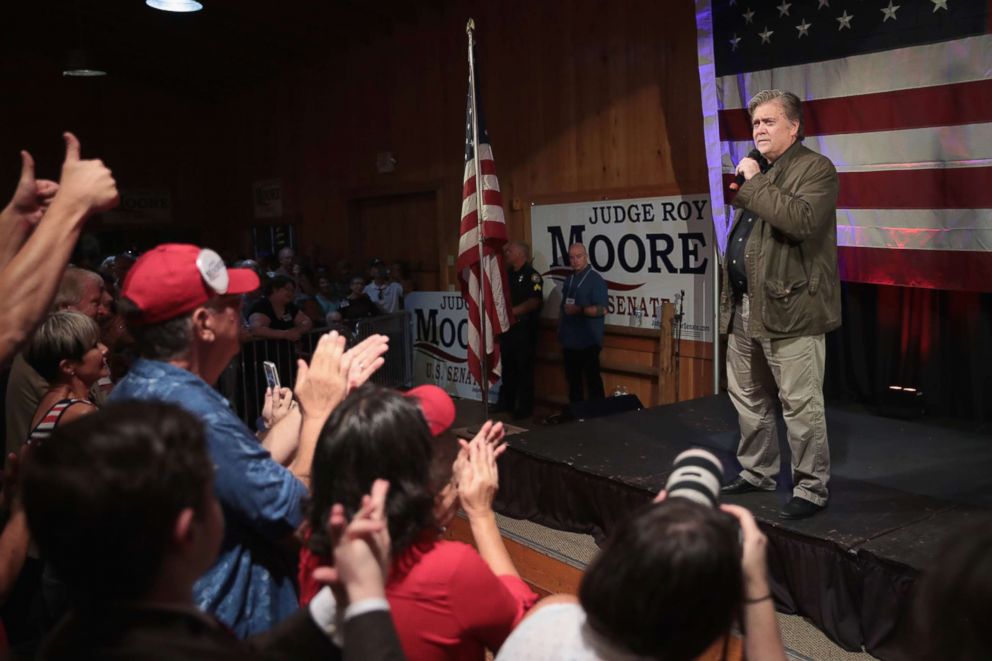 PHOTO: Former advisor to President Donald Trump and  executive chairman of Breitbart News, Steve Bannon, speaks at a campaign event for Republican candidate for the U.S. Senate in Alabama Roy Moore on Sept. 25, 2017 in Fairhope, Alabama.