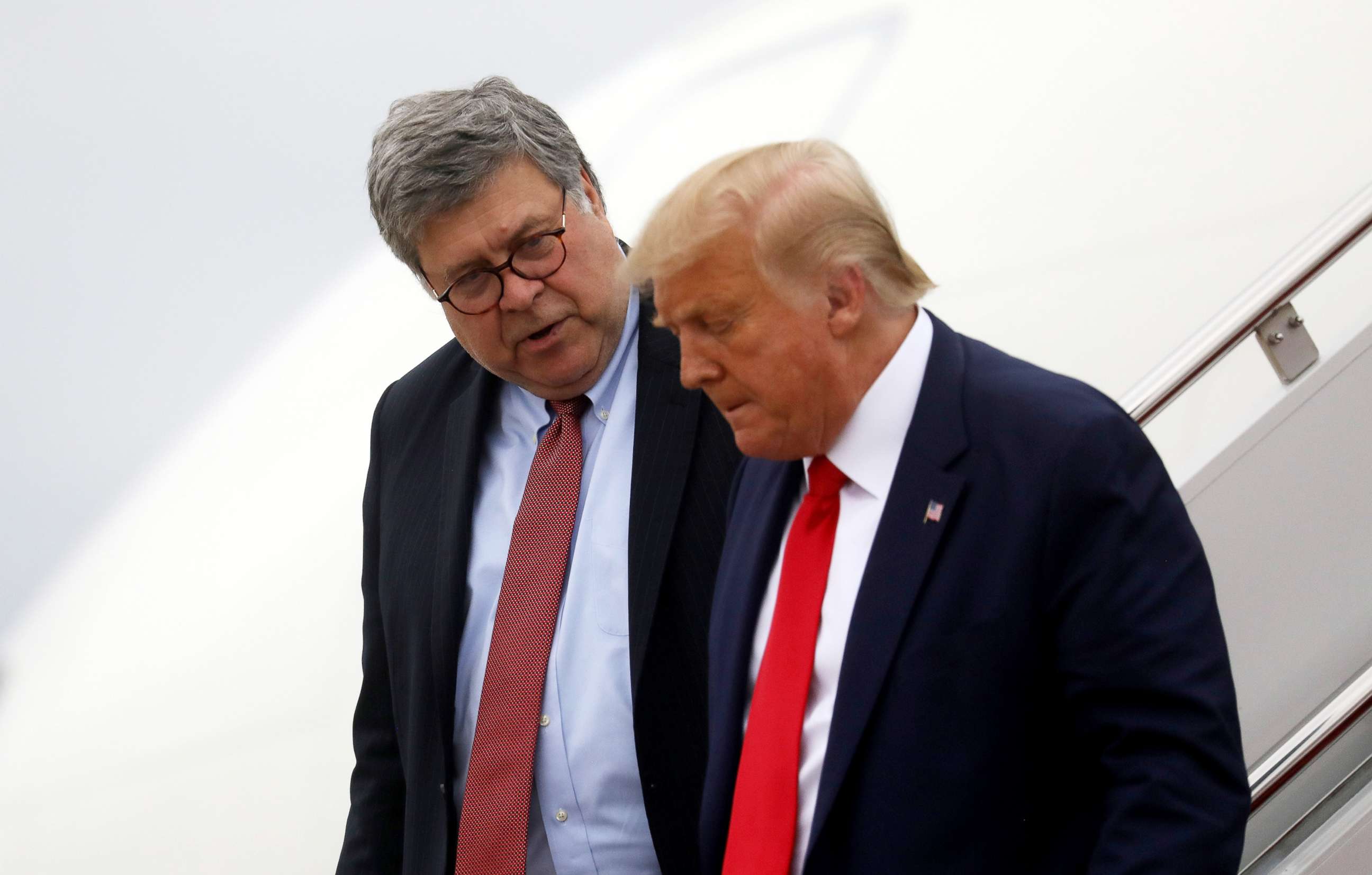 PHOTO: President Donald Trump and Attorney General Bill Barr arrive back in Washington after a trip to Kenosha, Wis. Sept. 1, 2020.   