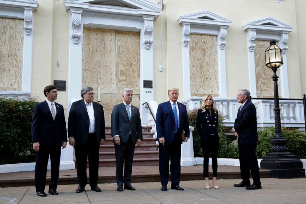 PHOTO: President Trump stands with Defense Secretary Mark Esper, Attorney General William Barr, national security adviser Robert O'Brien, press secretary Kayleigh McEnany and chief of staff Mark Meadows, at St. John's Church in Washington, June 1, 2020.