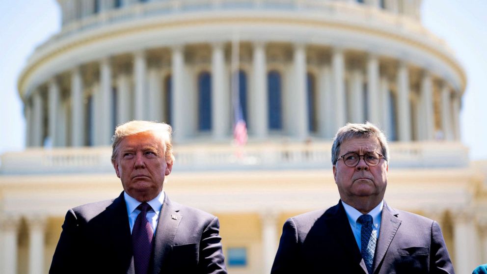 PHOTO: President Donald Trump and Attorney General William Barr during a ceremony on Capitol Hill in Washington, May 15, 2019.