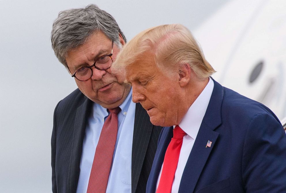 PHOTO: President Donald Trump and Attorney General William Barr step off Air Force One upon arrival at Andrews Air Force Base in Maryland on Sept. 1, 2020. 