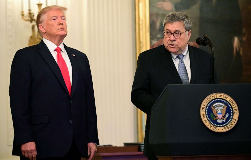 PHOTO: President Donald Trump and Attorney General William Barr participate in a presentation ceremony of the Medal of Valor during a ceremony in the East Room of the White House, Sept. 9, 2019.