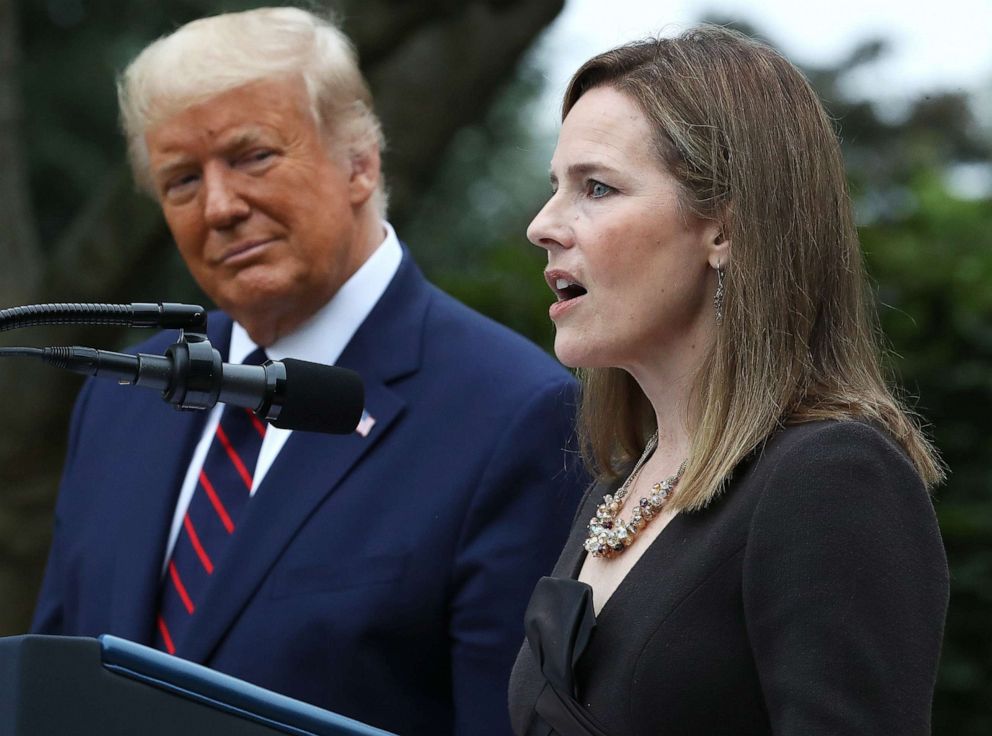 PHOTO: Seventh U.S. Circuit Court Judge Amy Coney Barrett speaks after President Donald Trump announced that she will be his nominee to the Supreme Court in the Rose Garden at the White House, Sept. 26, 2020.