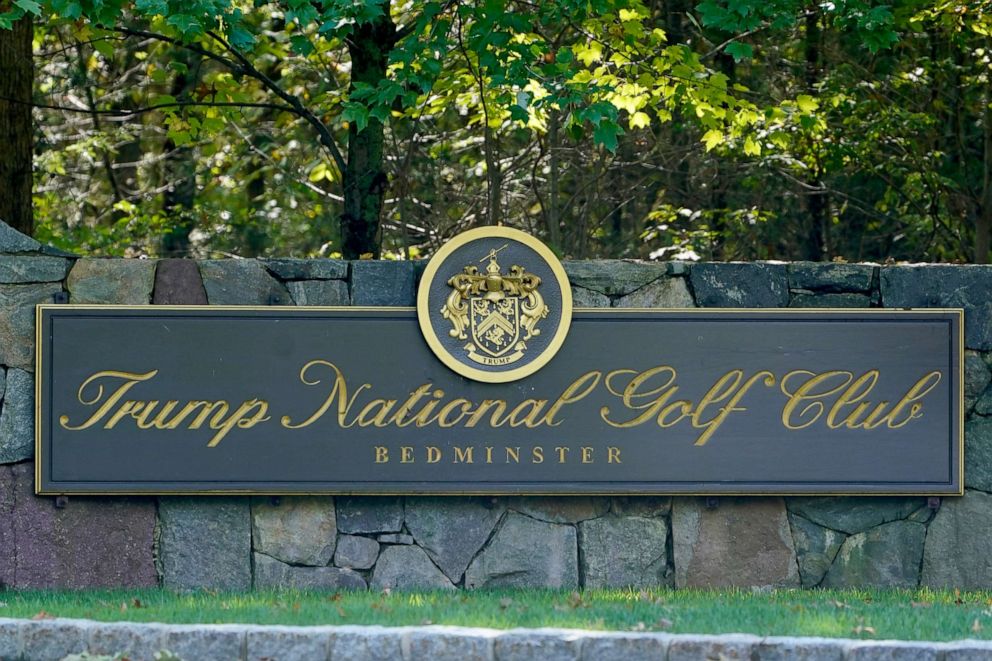 PHOTO: A sign is seen at the entrance to Trump National Golf Club in Bedminster, N.J., Friday, Oct. 2, 2020.