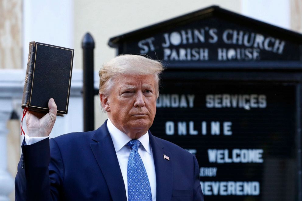 PHOTO: President Donald Trump holds a Bible posing outside St. John's Church across Lafayette Park from the White House in Washington, June 1, 2020.