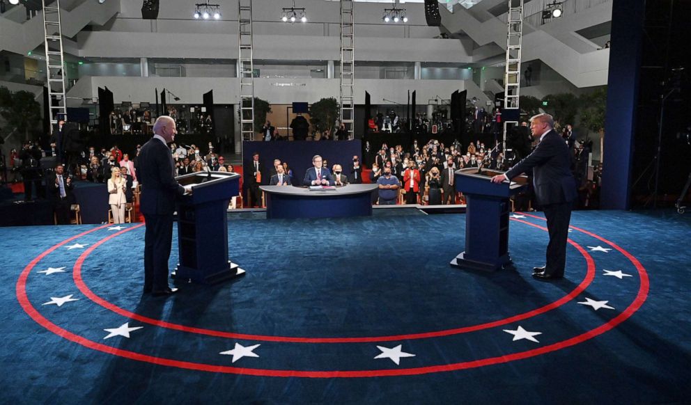 PHOTO: President Donald Trump and Democratic presidential candidate former Vice President Joe Biden participate in the first presidential debate, Sept. 29, 2020, in Cleveland.