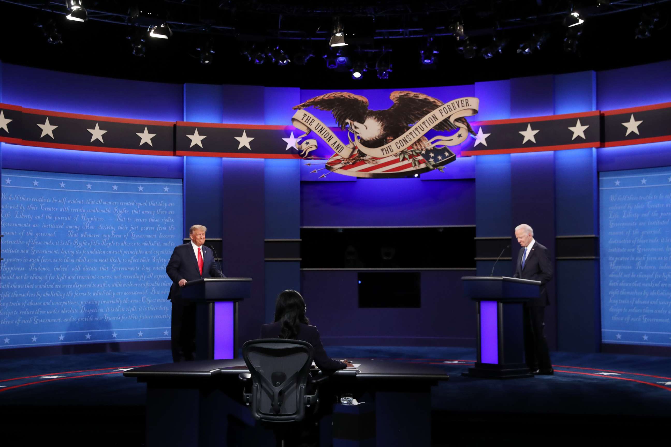 PHOTO: President Donald Trump and Democratic presidential nominee Joe Biden participate in the final presidential debate at Belmont University on Oct. 22, 2020, in Nashville, Tenn.