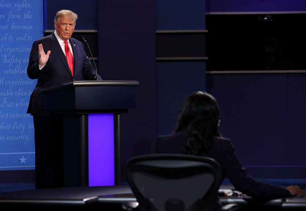 PHOTO: President Donald Trump participates in the final presidential debate against Democratic presidential nominee Joe Biden at Belmont University on Oct. 22, 2020, in Nashville, Tenn.