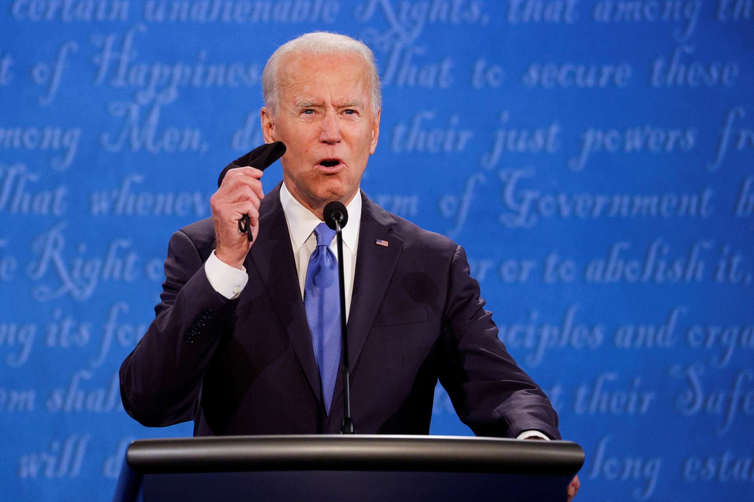 PHOTO: Democratic presidential nominee Joe Biden speaks during the second 2020 presidential campaign debate with President Donald Trump at Belmont University in Nashville, Tenn., Oct. 22, 2020.