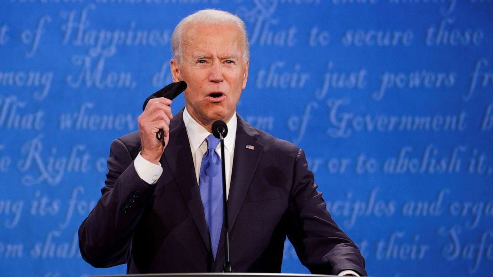 PHOTO: Democratic presidential nominee Joe Biden speaks during the second 2020 presidential campaign debate with President Donald Trump at Belmont University in Nashville, Tenn., Oct. 22, 2020.