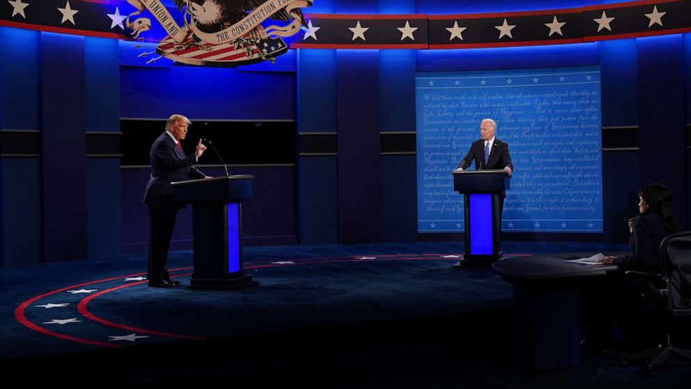 PHOTO: President Donald Trump and former Vice President Joe Biden participate in the final presidential debate at Belmont University in Nashville, Tenn., on Oct. 22, 2020.