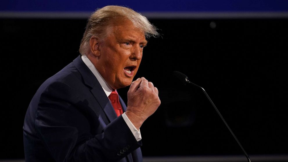 PHOTO: President Donald Trump speaks during the final presidential debate at Belmont University in Nashville, Tenn., Oct. 22, 2020.