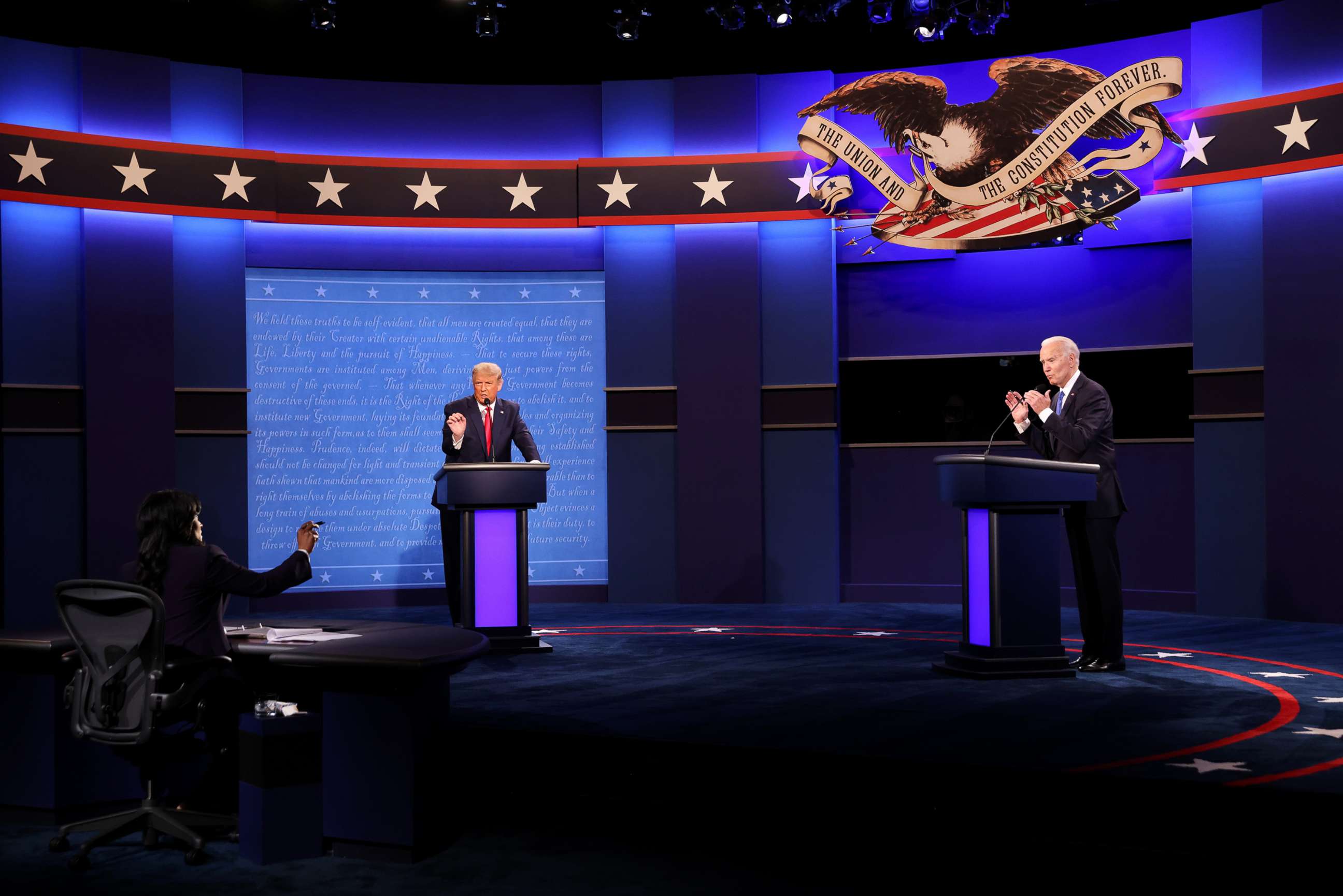 PHOTO: President Donald Trump and Democratic presidential nominee Joe Biden participate in the final presidential debate at Belmont University on Oct. 22, 2020, in Nashville, Tenn.