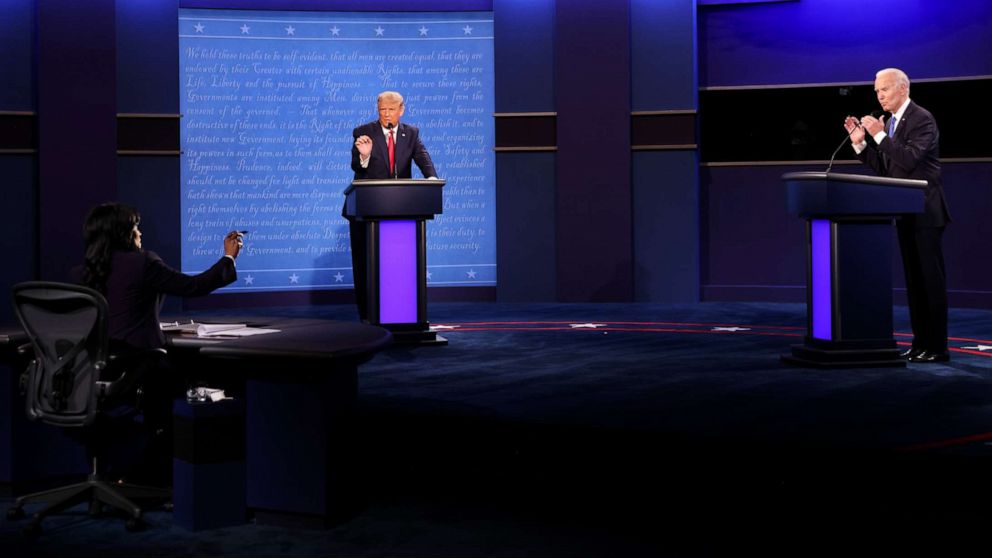 PHOTO: President Donald Trump and Democratic presidential nominee Joe Biden participate in the final presidential debate at Belmont University on Oct. 22, 2020, in Nashville, Tenn.