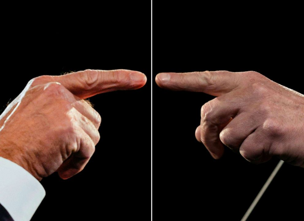 PHOTO: This combination of pictures created on Oct. 22, 2020, shows former Vice President Joe Biden, right, and President Donald Trump pointing during the final presidential debate at Belmont University in Nashville, Tenn., on Oct. 22, 2020.