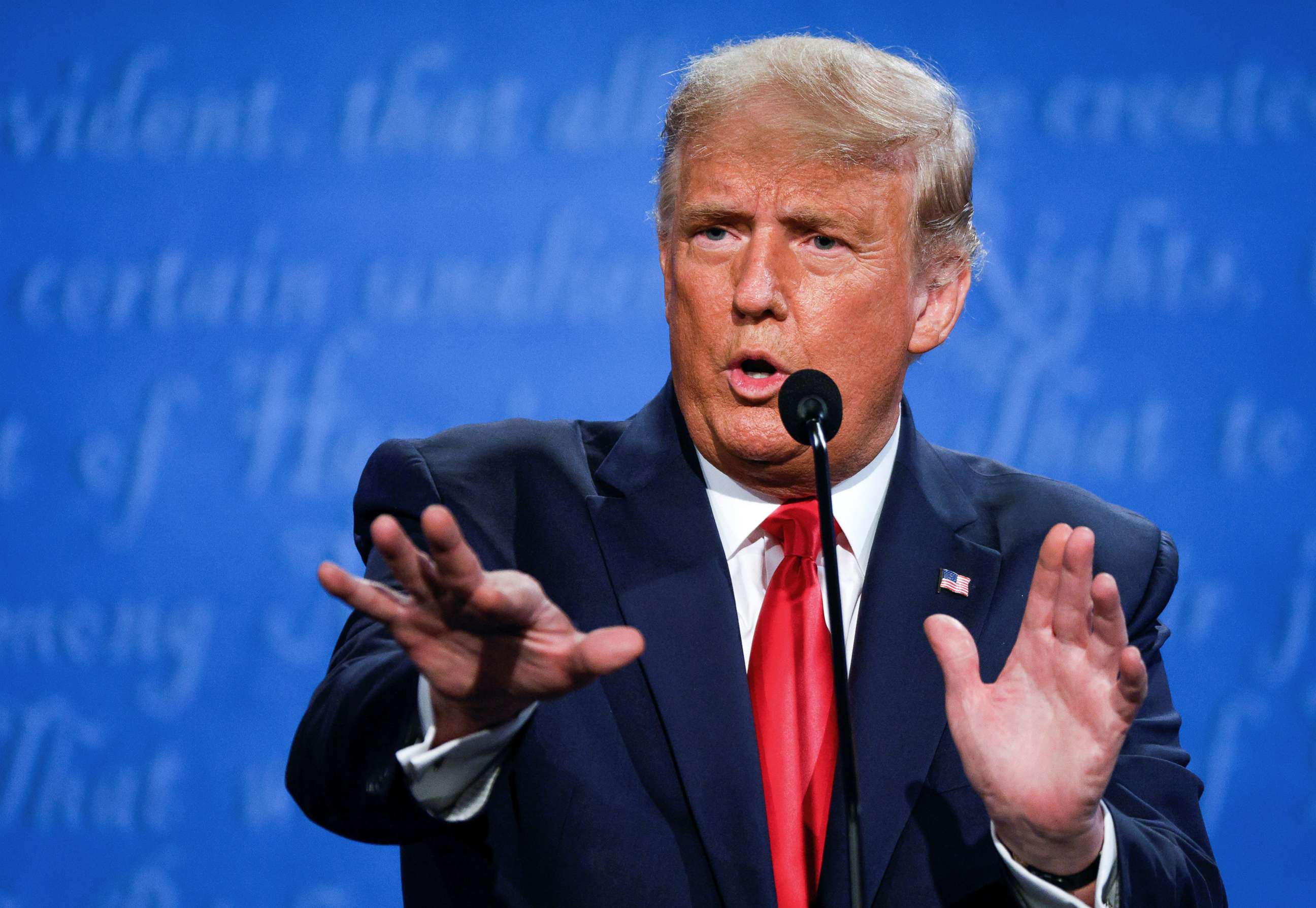 PHOTO: President Donald Trump gestures while he speaks during the final 2020 presidential campaign debate with Democratic presidential nominee Joe Biden at Belmont University in Nashville, Tenn., Oct. 22, 2020.