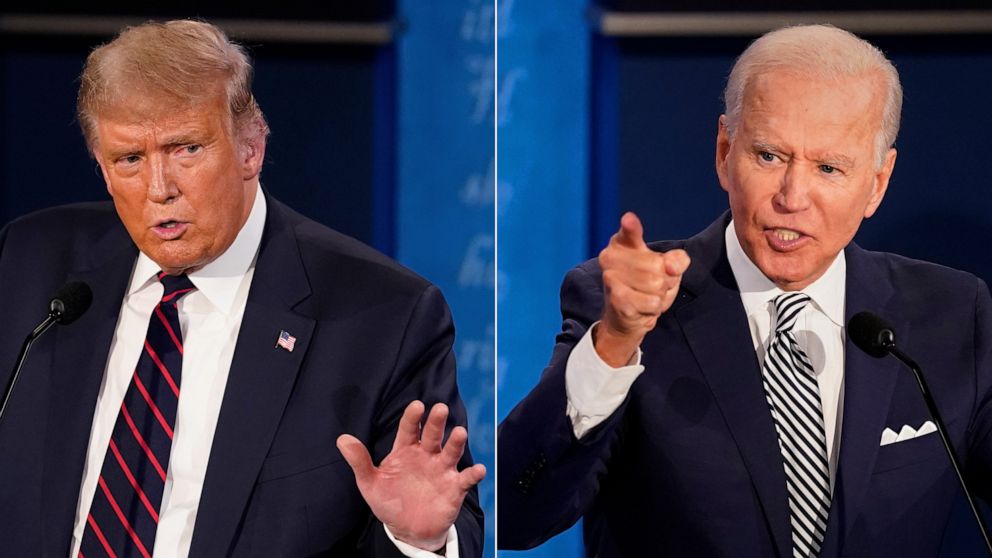 PHOTO: President Donald Trump and Democratic Presidential candidate and former Vice President Joe Biden participate in the first presidential debate, Sept. 29, 2020, in Cleveland.