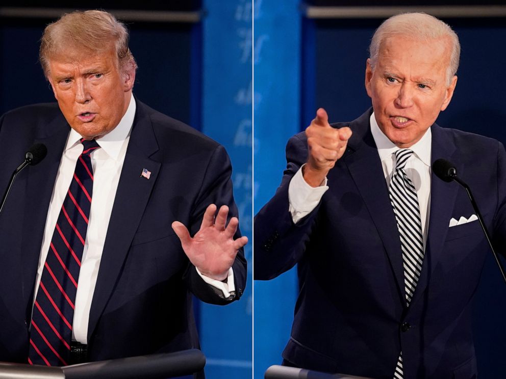 PHOTO: President Donald Trump and Democratic Presidential candidate and former Vice President Joe Biden participate in the first presidential debate, Sept. 29, 2020, in Cleveland.