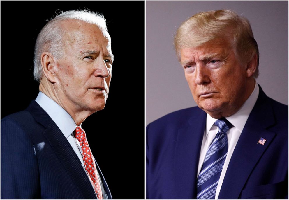 PHOTO: In this combination of file photos, former Vice President Joe Biden speaks in Wilmington, Del., on March 12, 2020, left, and President Donald Trump speaks at the White House in Washington on April 5, 2020. 