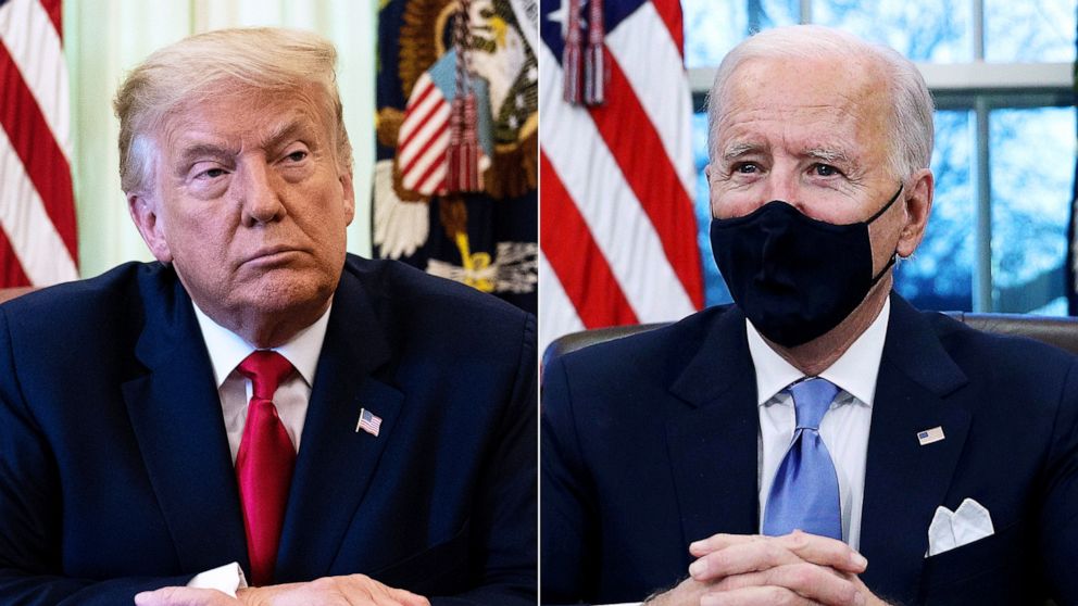 PHOTO: Seated in the Oval Office, President Donald Trump, left, Aug. 28, 2020, and President Joe Biden, right, Jan. 20, 2021.
