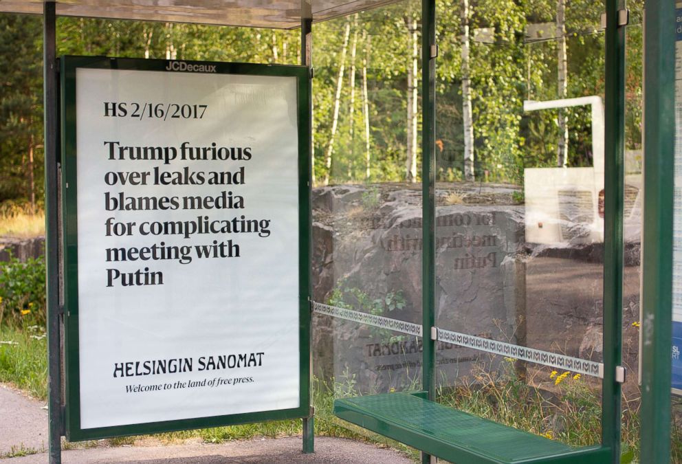 PHOTO: A billboard is pictured along President Donald Trump and Russia's President Vladimir Putin's route to the summit in Helsinki.