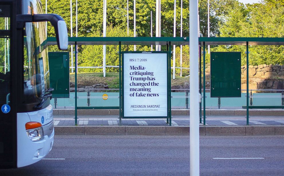 PHOTO: A billboard is pictured on Presidents Donald Trump's route from the airport to his meeting with Russia's President Vladimir Putin in Helsinki.