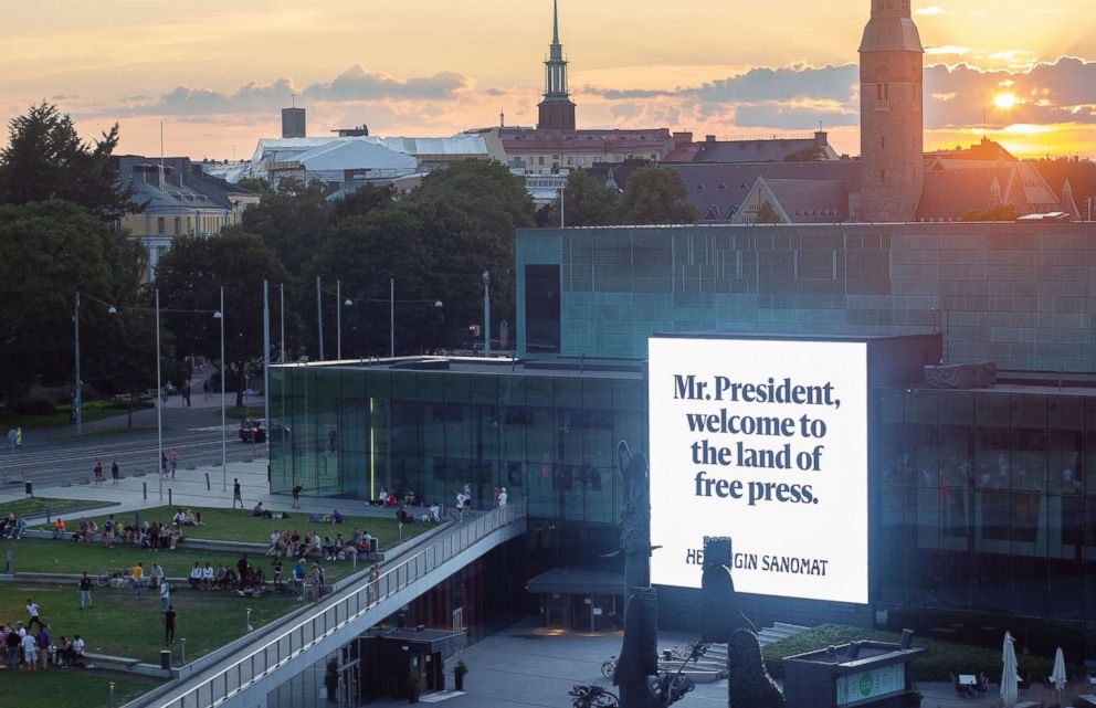 PHOTO: A billboard is pictured along President Donald Trump's route to the summit in Helsinki with Russia's President Vladimir Putin.